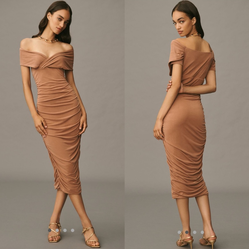 By Anthropologie off the shoulder ruched slim midi dress